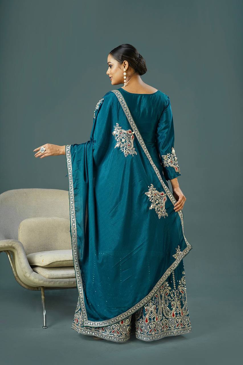 Teeya Creation Teal Colour Chinnon Silk Heavy Embroidery Work Fully Stitched Palazzo Pair