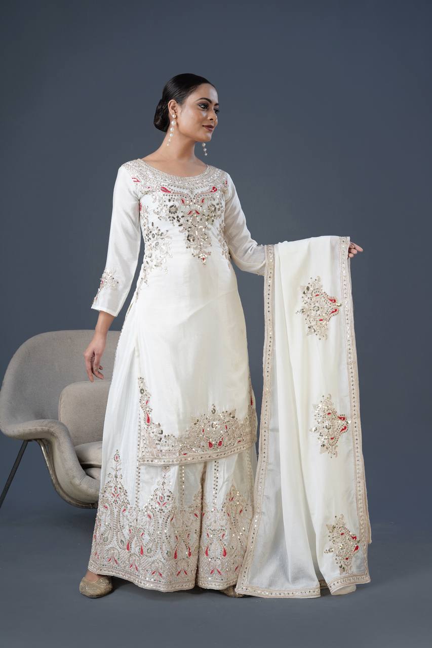 Teeya Creation White Colour Chinnon Silk Heavy Embroidery Work Fully Stitched Palazzo Pair