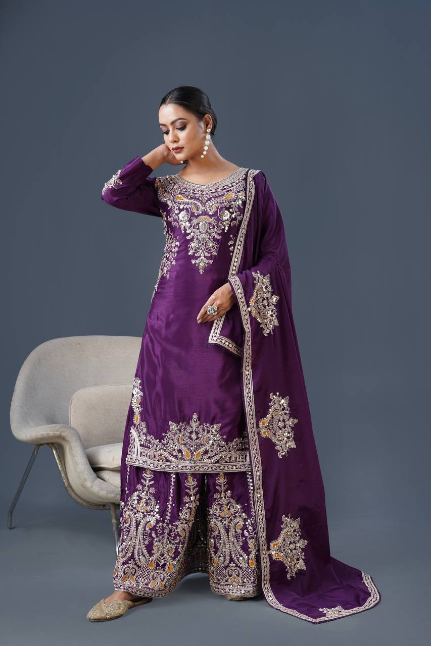 Teeya Creation White Colour Chinnon Silk Heavy Embroidery Work Fully Stitched Palazzo Pair