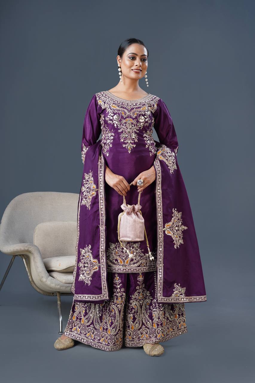 Teeya Creation White Colour Chinnon Silk Heavy Embroidery Work Fully Stitched Palazzo Pair