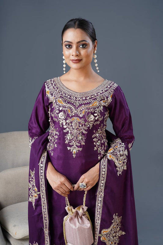 Teeya Creation White Colour Chinnon Silk Heavy Embroidery Work Fully Stitched Palazzo Pair