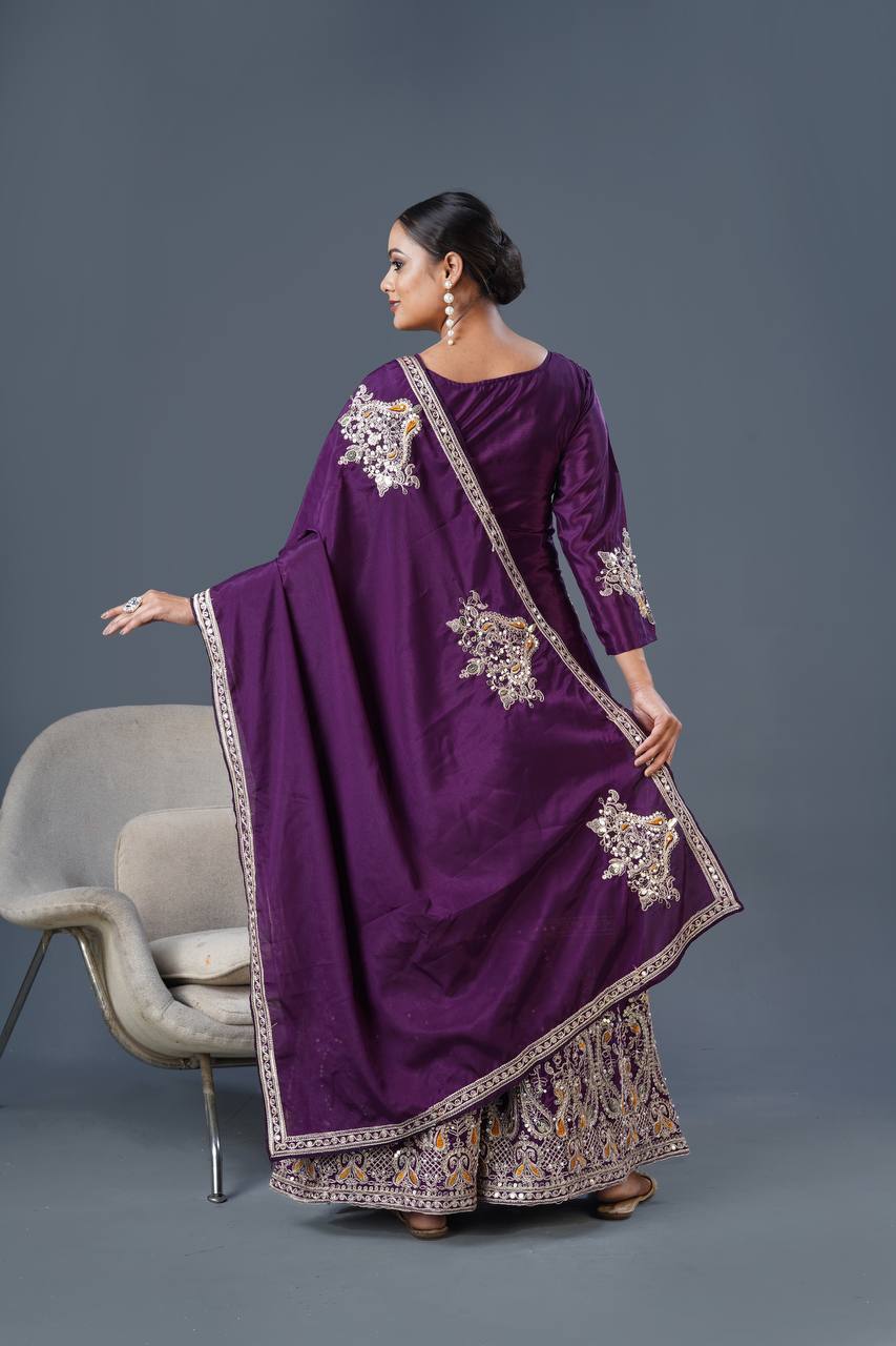 Teeya Creation White Colour Chinnon Silk Heavy Embroidery Work Fully Stitched Palazzo Pair