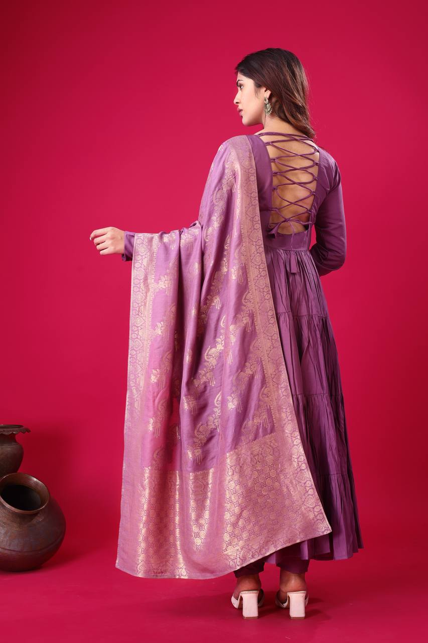 Teeya Creation Purple Colour Heavy Roman Silk Gown With Jacquard Dupatta