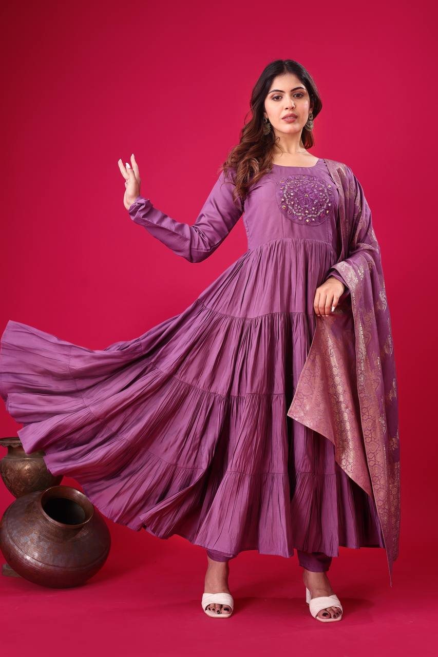 Teeya Creation Purple Colour Heavy Roman Silk Gown With Jacquard Dupatta