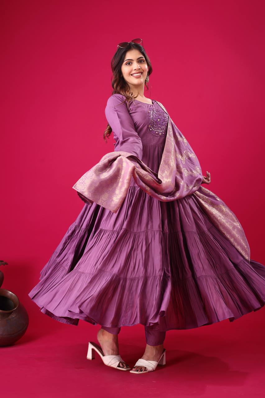 Teeya Creation Purple Colour Heavy Roman Silk Gown With Jacquard Dupatta
