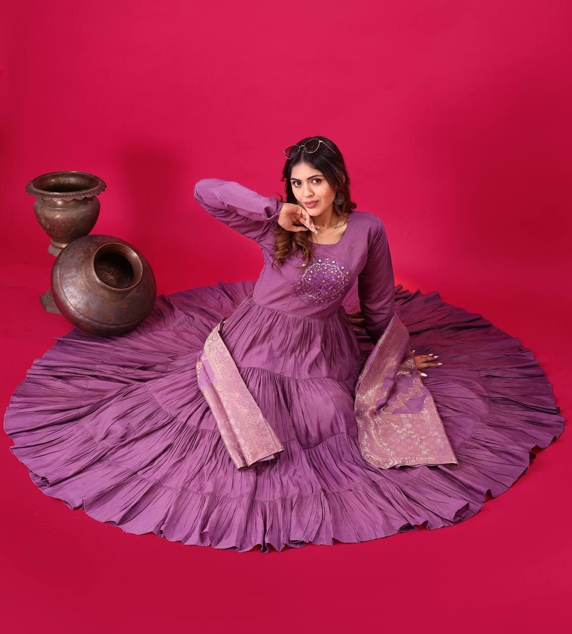 Teeya Creation Purple Colour Heavy Roman Silk Gown With Jacquard Dupatta
