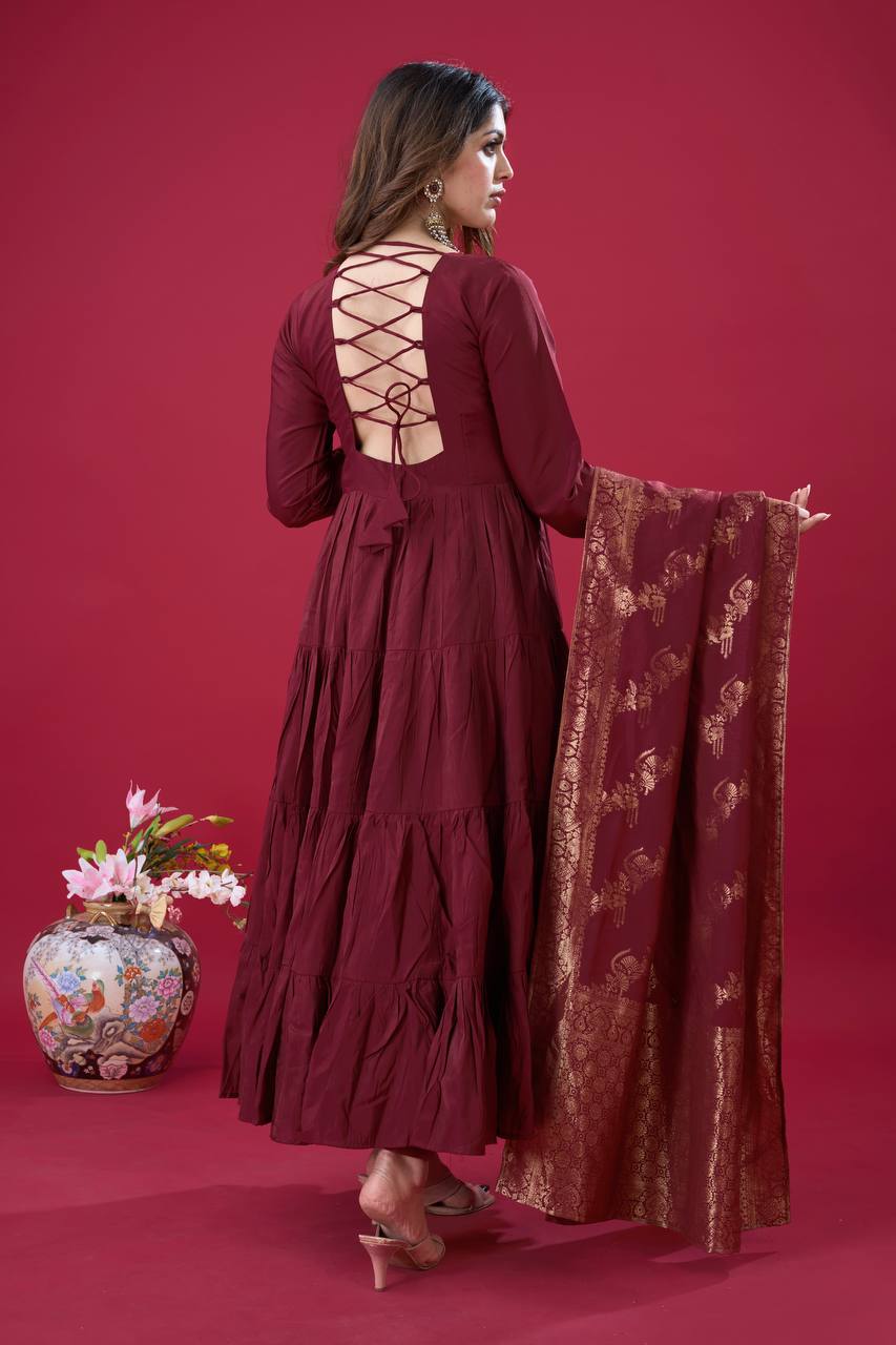 Teeya Creation Maroon Colour Heavy Roman Silk Gown With Jacquard Dupatta