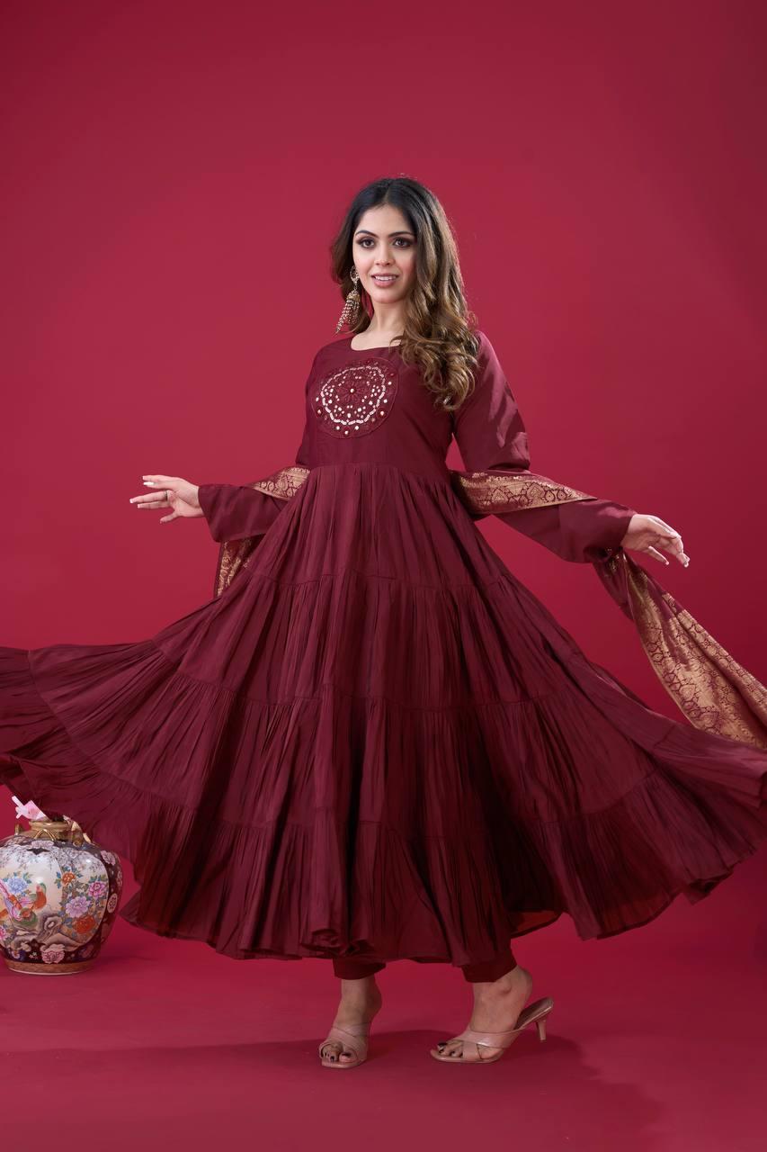 Teeya Creation Maroon Colour Heavy Roman Silk Gown With Jacquard Dupatta