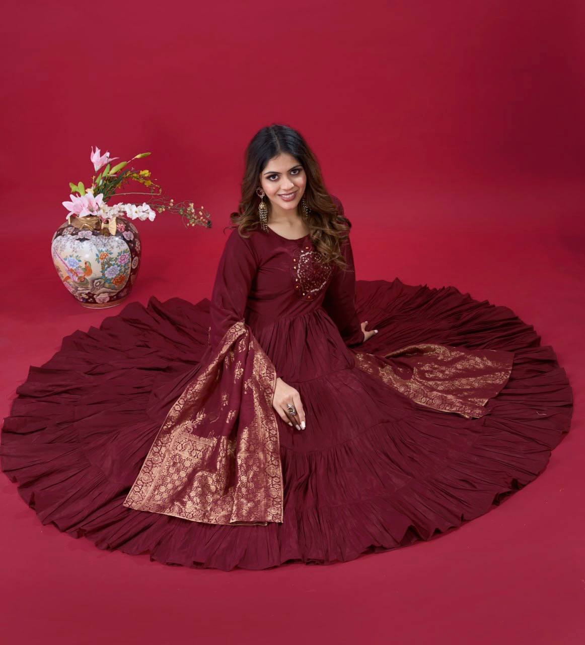 Teeya Creation Maroon Colour Heavy Roman Silk Gown With Jacquard Dupatta