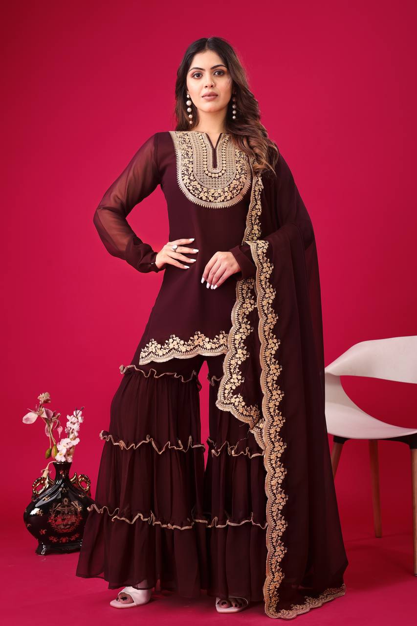 Teeya Creation Maroon Colour Faux Georgette Heavy Embroidery Work Fully Stitched Palazzo pair
