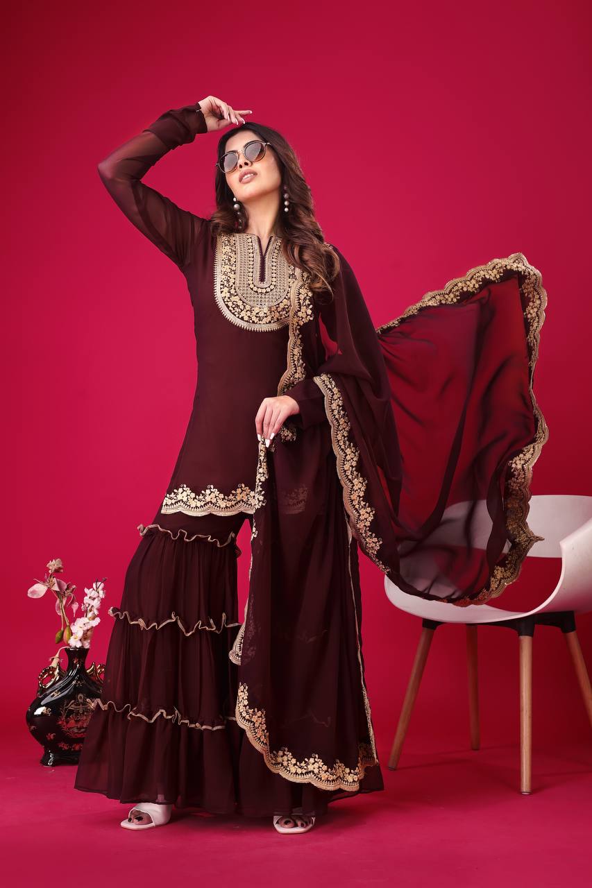 Teeya Creation Maroon Colour Faux Georgette Heavy Embroidery Work Fully Stitched Palazzo pair