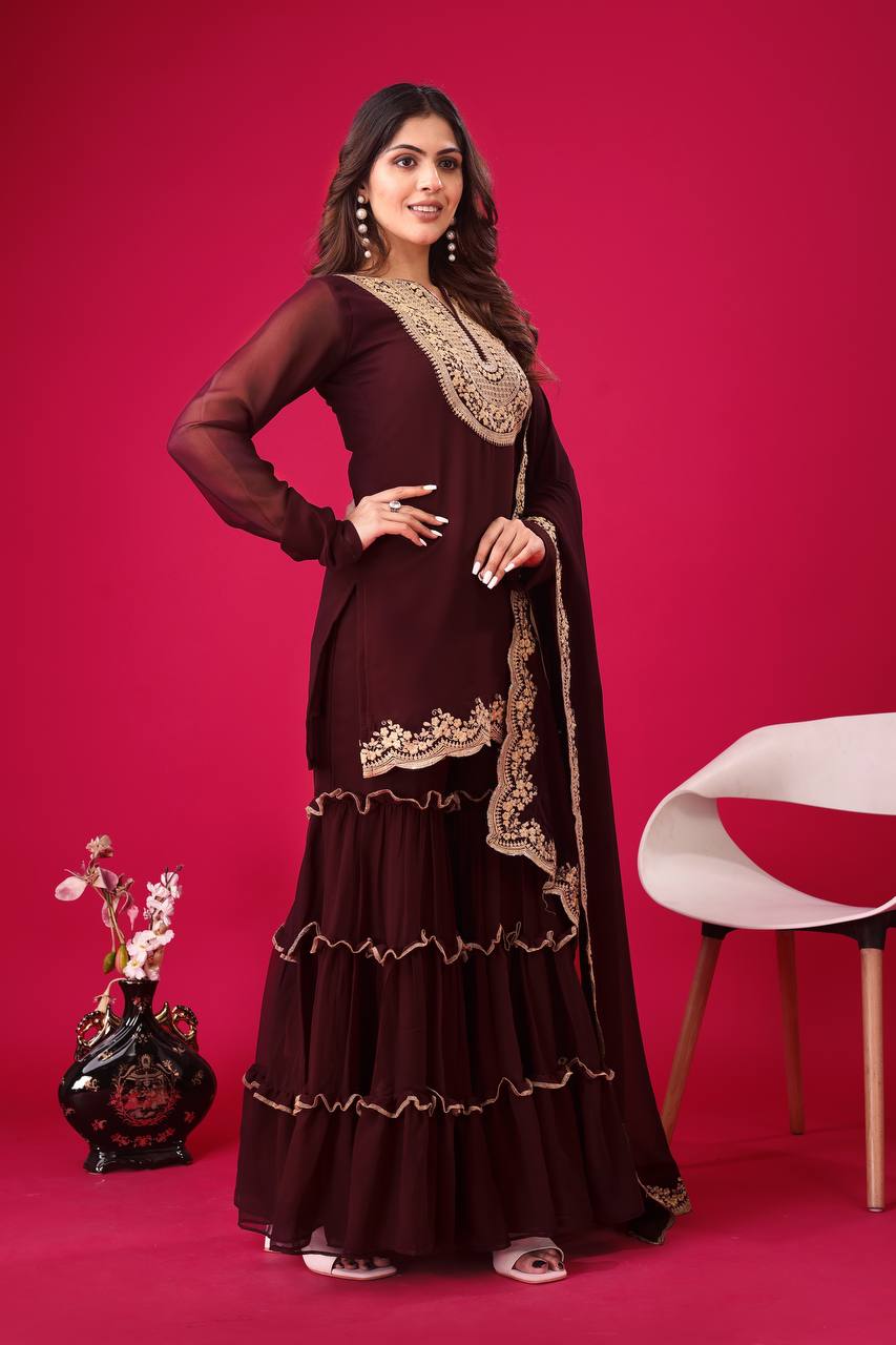 Teeya Creation Maroon Colour Faux Georgette Heavy Embroidery Work Fully Stitched Palazzo pair
