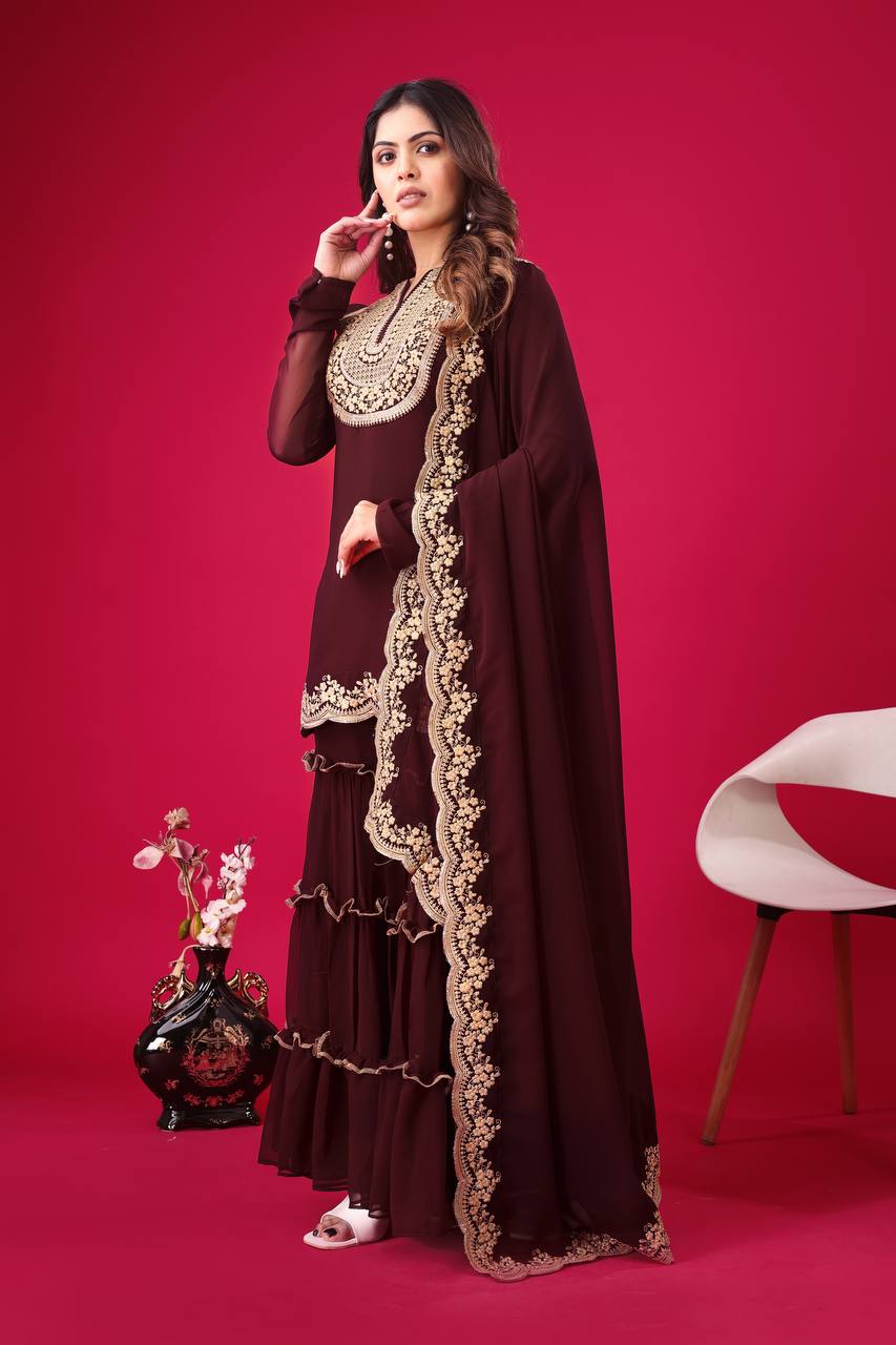 Teeya Creation Maroon Colour Faux Georgette Heavy Embroidery Work Fully Stitched Palazzo pair