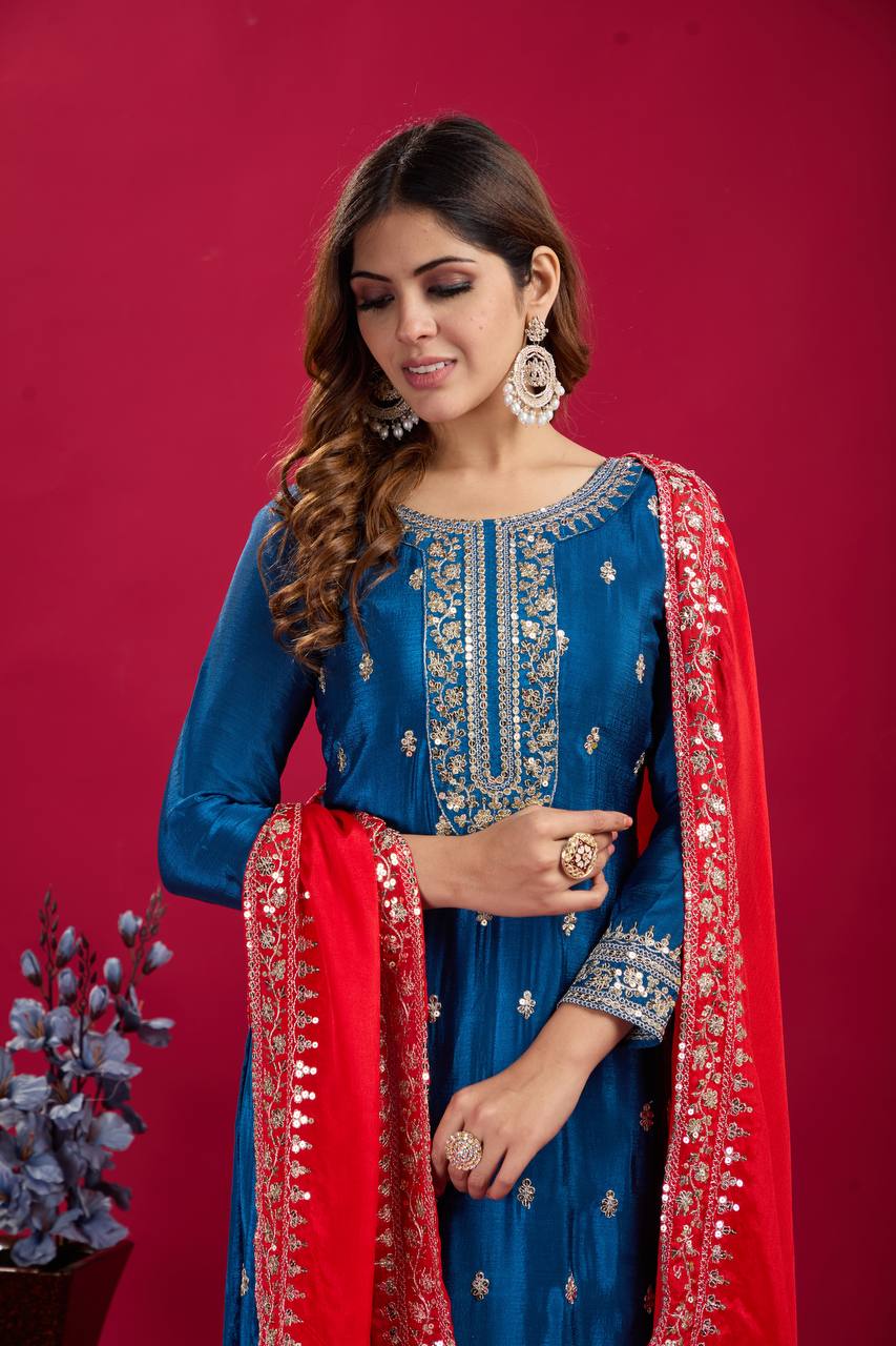 Teeya Creation Blue Colour Chinon Silk Heavy Embroidery Work Fully Stitched Salwar Suit