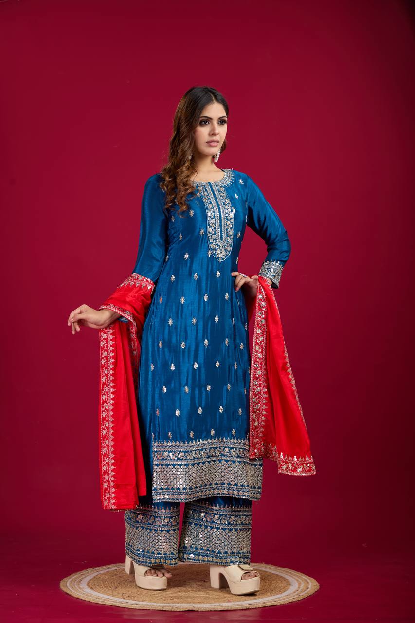 Teeya Creation Blue Colour Chinon Silk Heavy Embroidery Work Fully Stitched Salwar Suit