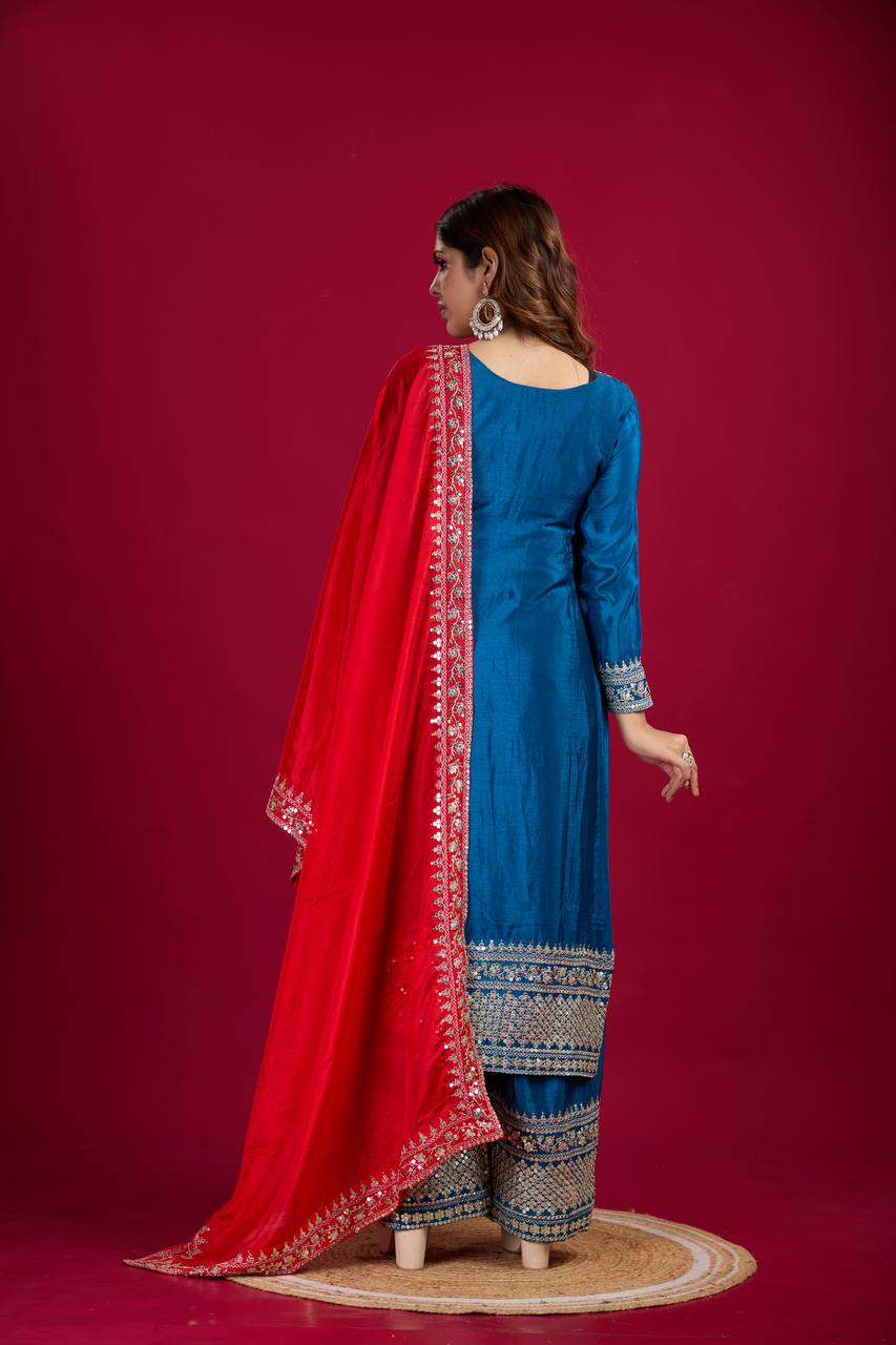 Teeya Creation Blue Colour Chinon Silk Heavy Embroidery Work Fully Stitched Salwar Suit
