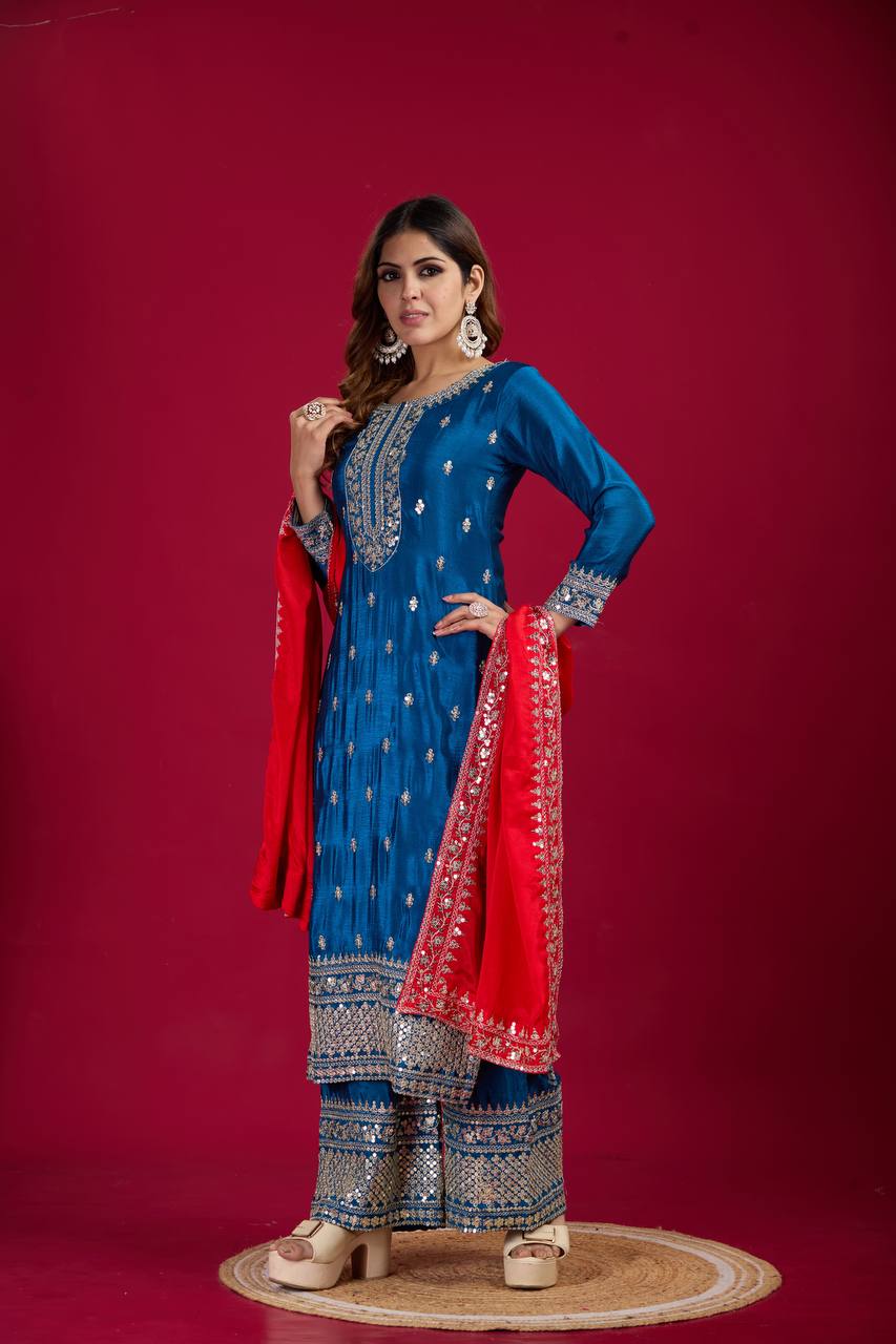 Teeya Creation Blue Colour Chinon Silk Heavy Embroidery Work Fully Stitched Salwar Suit