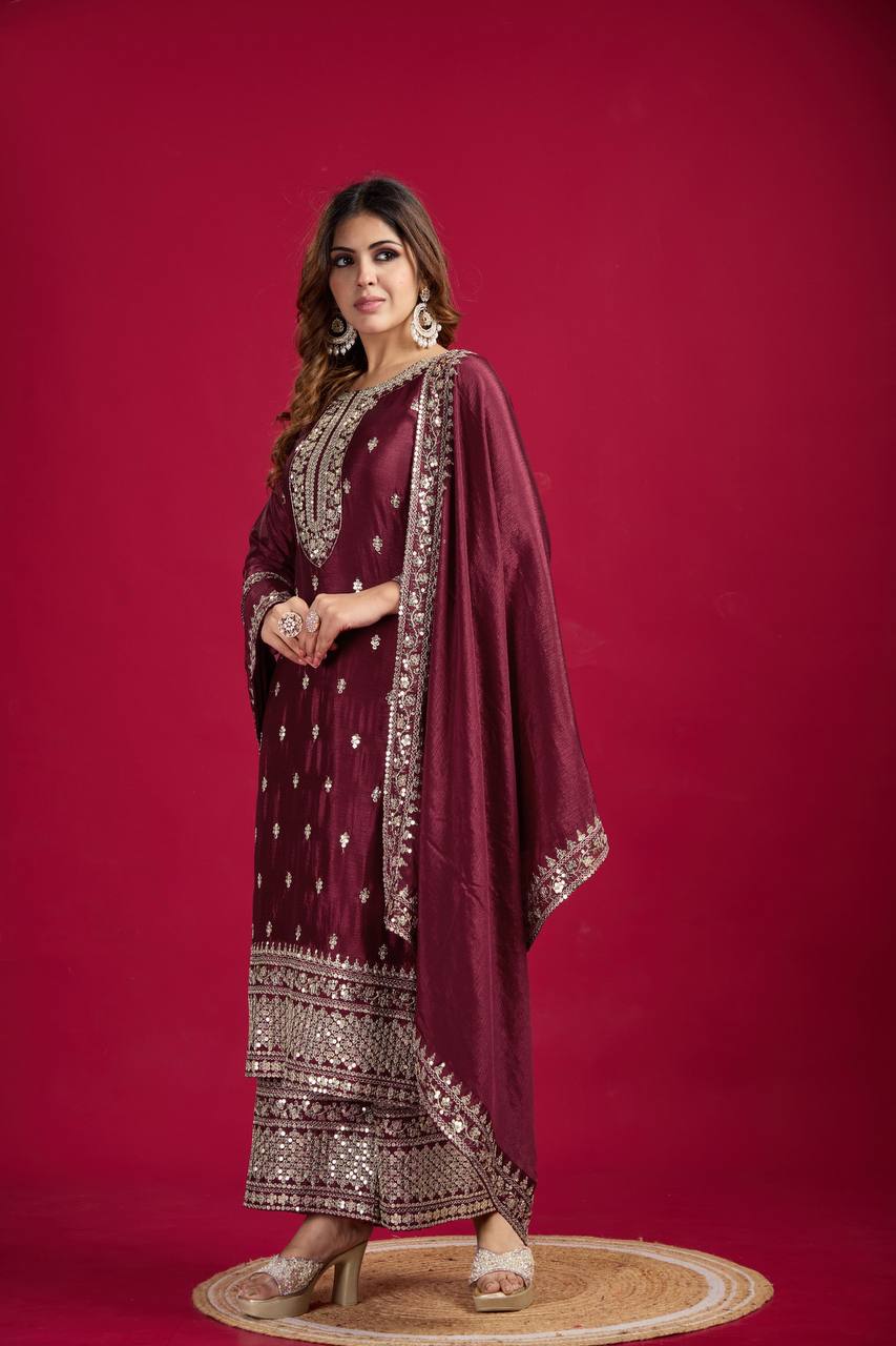 Teeya Creation Maroon Colour Chinon Silk Heavy Embroidery Work Fully Stitched Salwar Suit