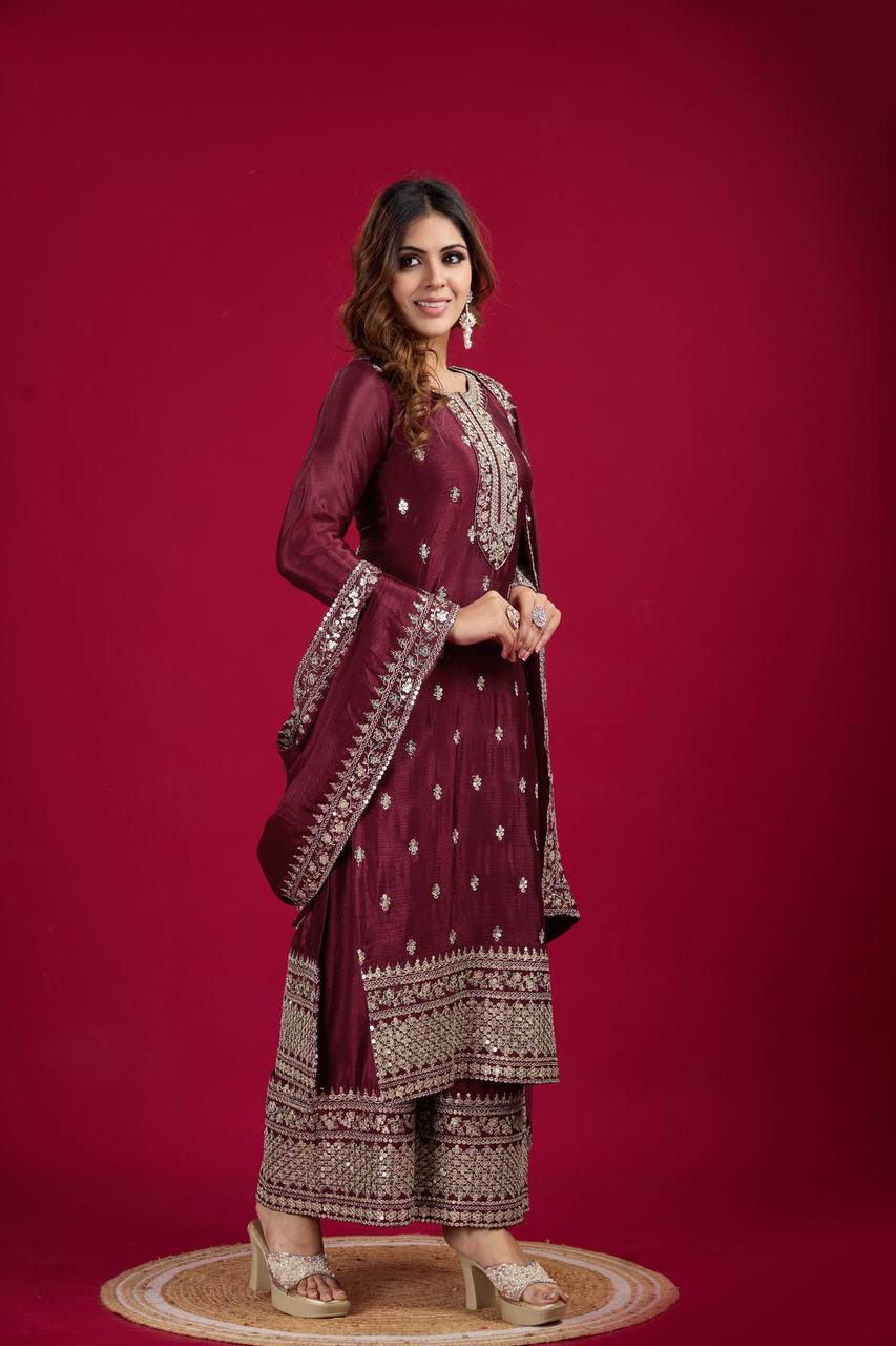Teeya Creation Maroon Colour Chinon Silk Heavy Embroidery Work Fully Stitched Salwar Suit