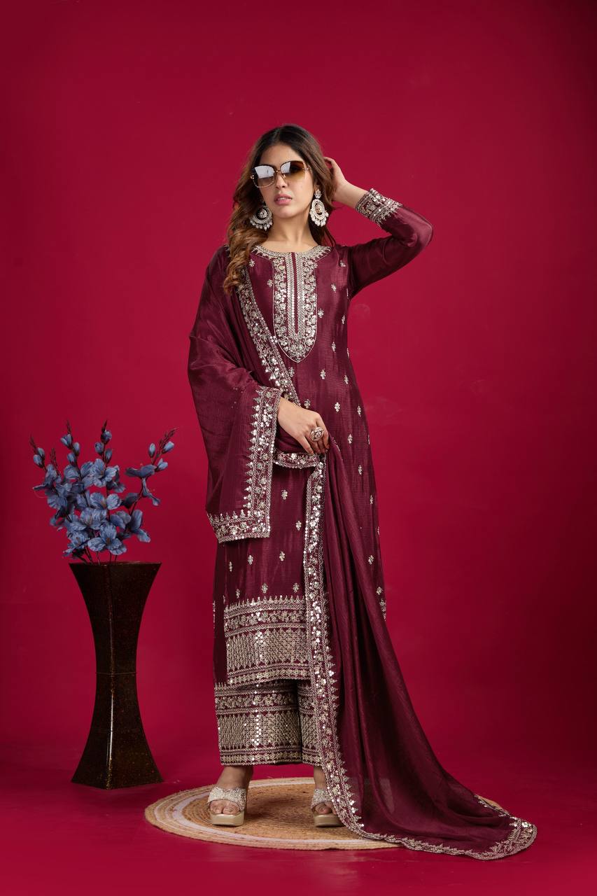Teeya Creation Maroon Colour Chinon Silk Heavy Embroidery Work Fully Stitched Salwar Suit