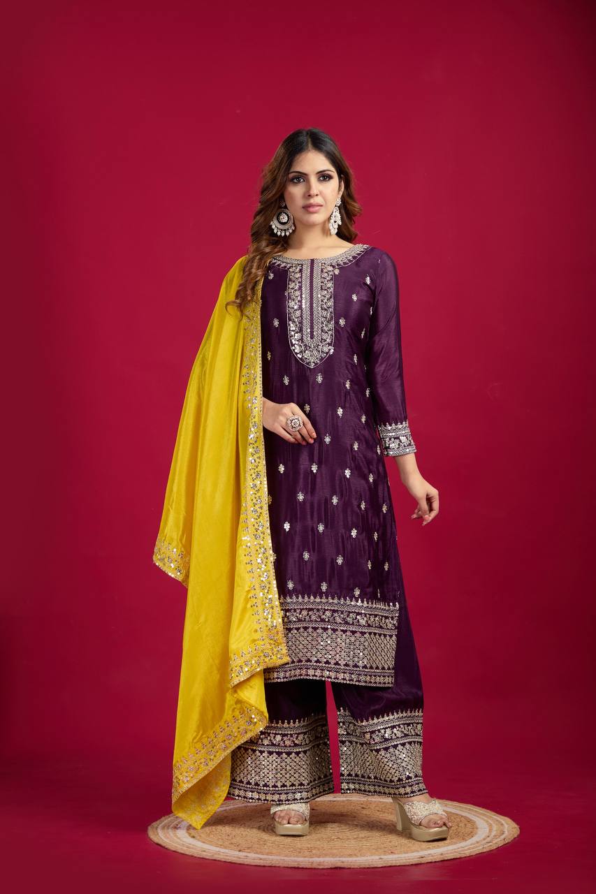 Teeya Creation Wine Colour Chinon Silk Heavy Embroidery Work Fully Stitched Salwar Suit