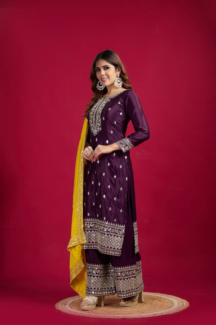 Teeya Creation Wine Colour Chinon Silk Heavy Embroidery Work Fully Stitched Salwar Suit