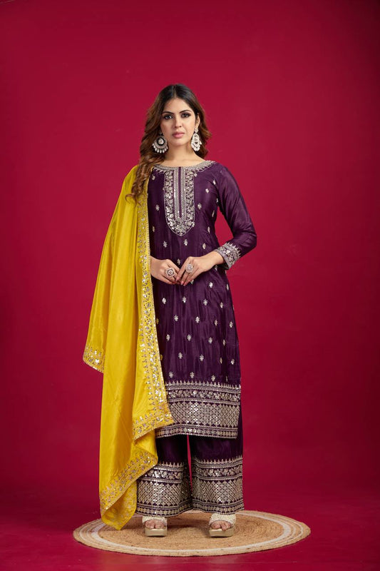 Teeya Creation Wine Colour Chinon Silk Heavy Embroidery Work Fully Stitched Salwar Suit