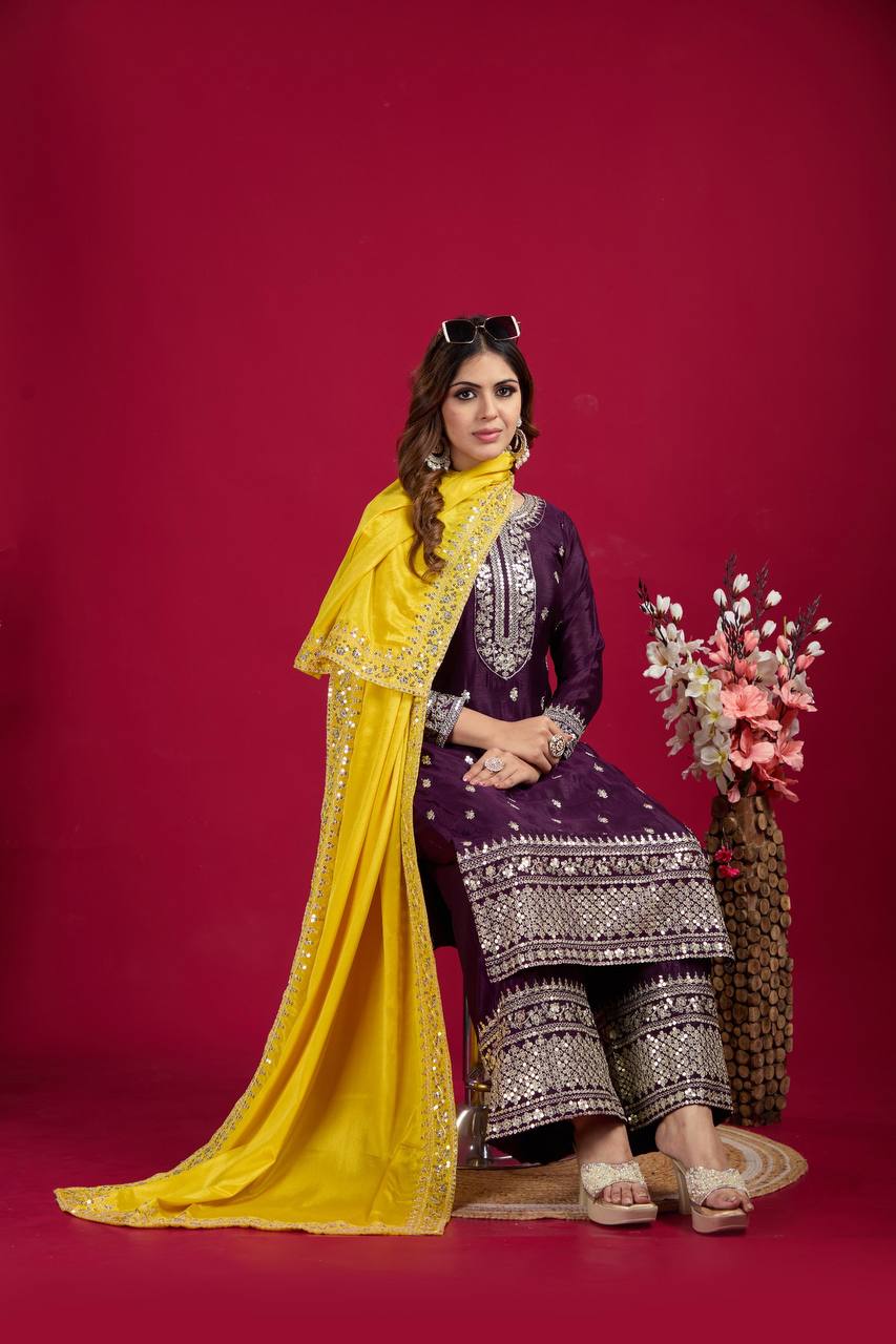 Teeya Creation Wine Colour Chinon Silk Heavy Embroidery Work Fully Stitched Salwar Suit