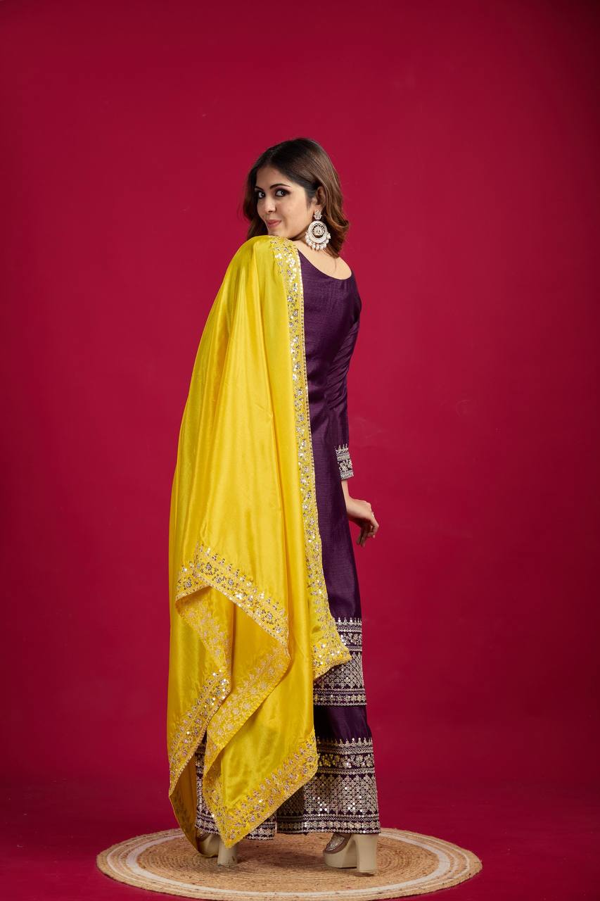 Teeya Creation Wine Colour Chinon Silk Heavy Embroidery Work Fully Stitched Salwar Suit