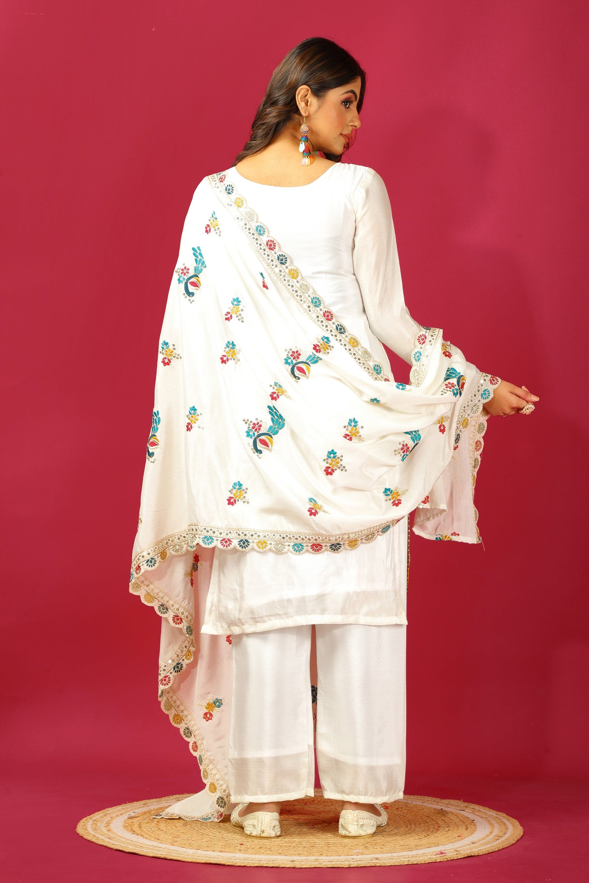Teeya Creation White Colour Chinon Silk Heavy Embroidery Work Fully Stitched Salwar Suit