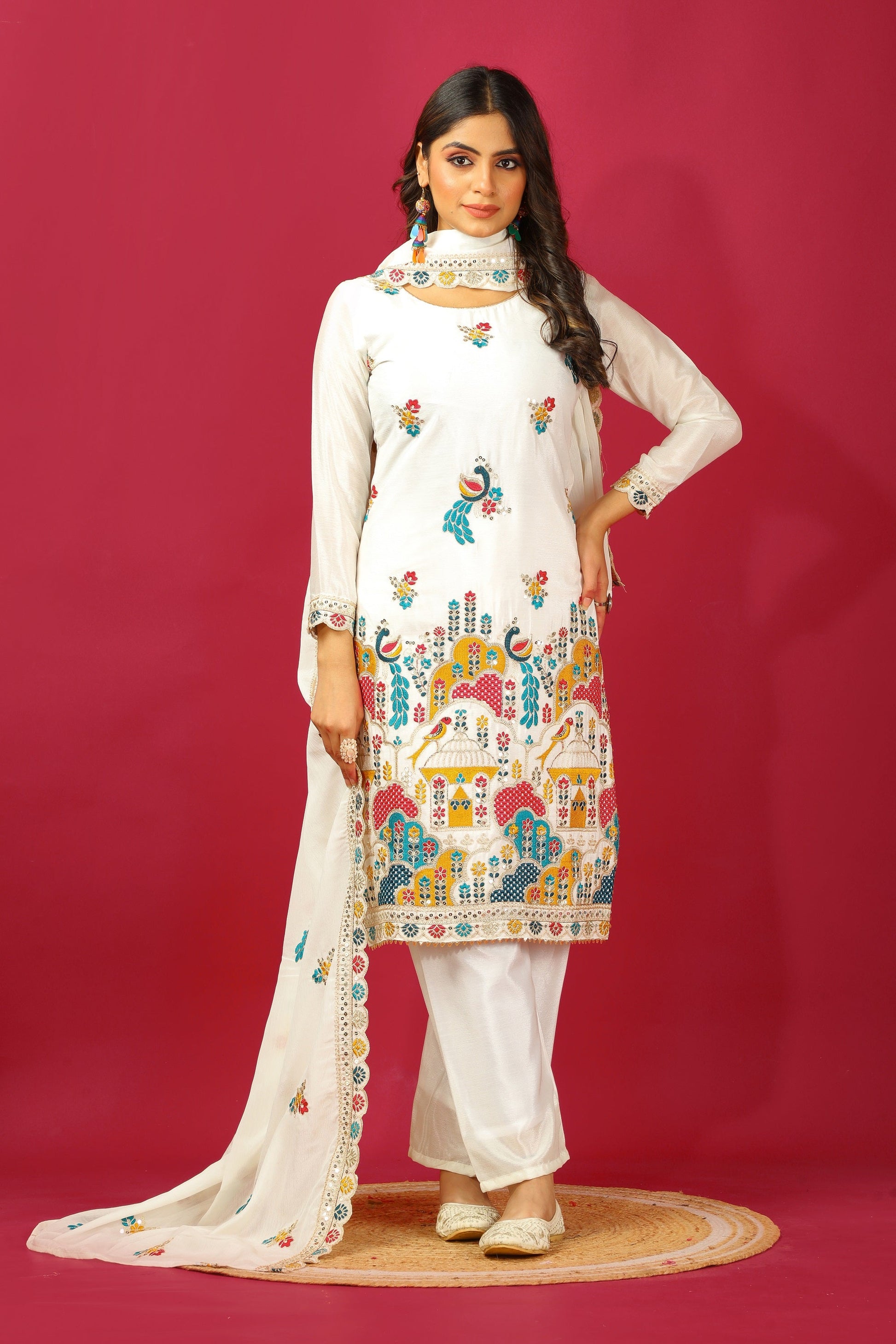 Teeya Creation White Colour Chinon Silk Heavy Embroidery Work Fully Stitched Salwar Suit