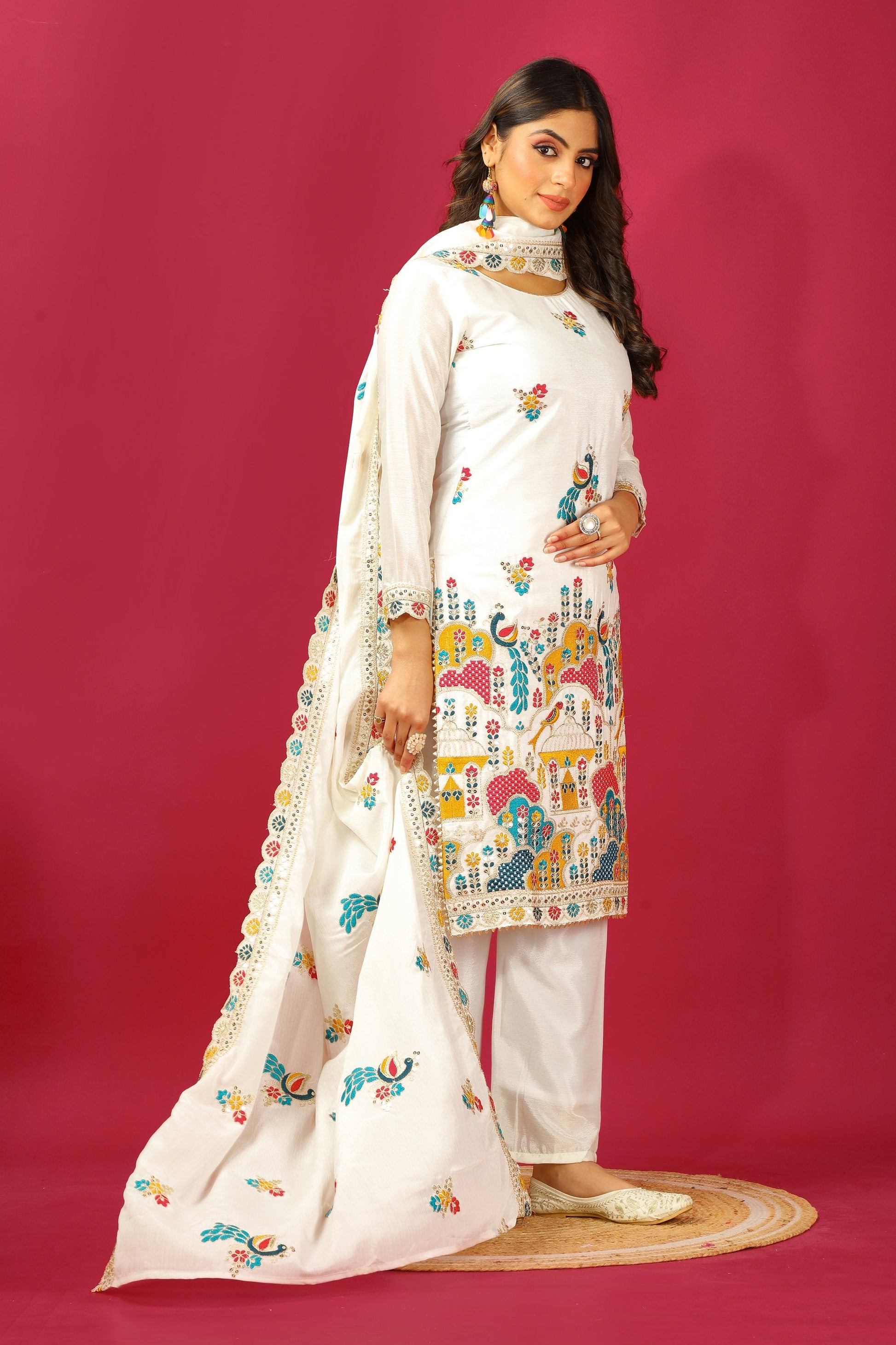 Teeya Creation White Colour Chinon Silk Heavy Embroidery Work Fully Stitched Salwar Suit