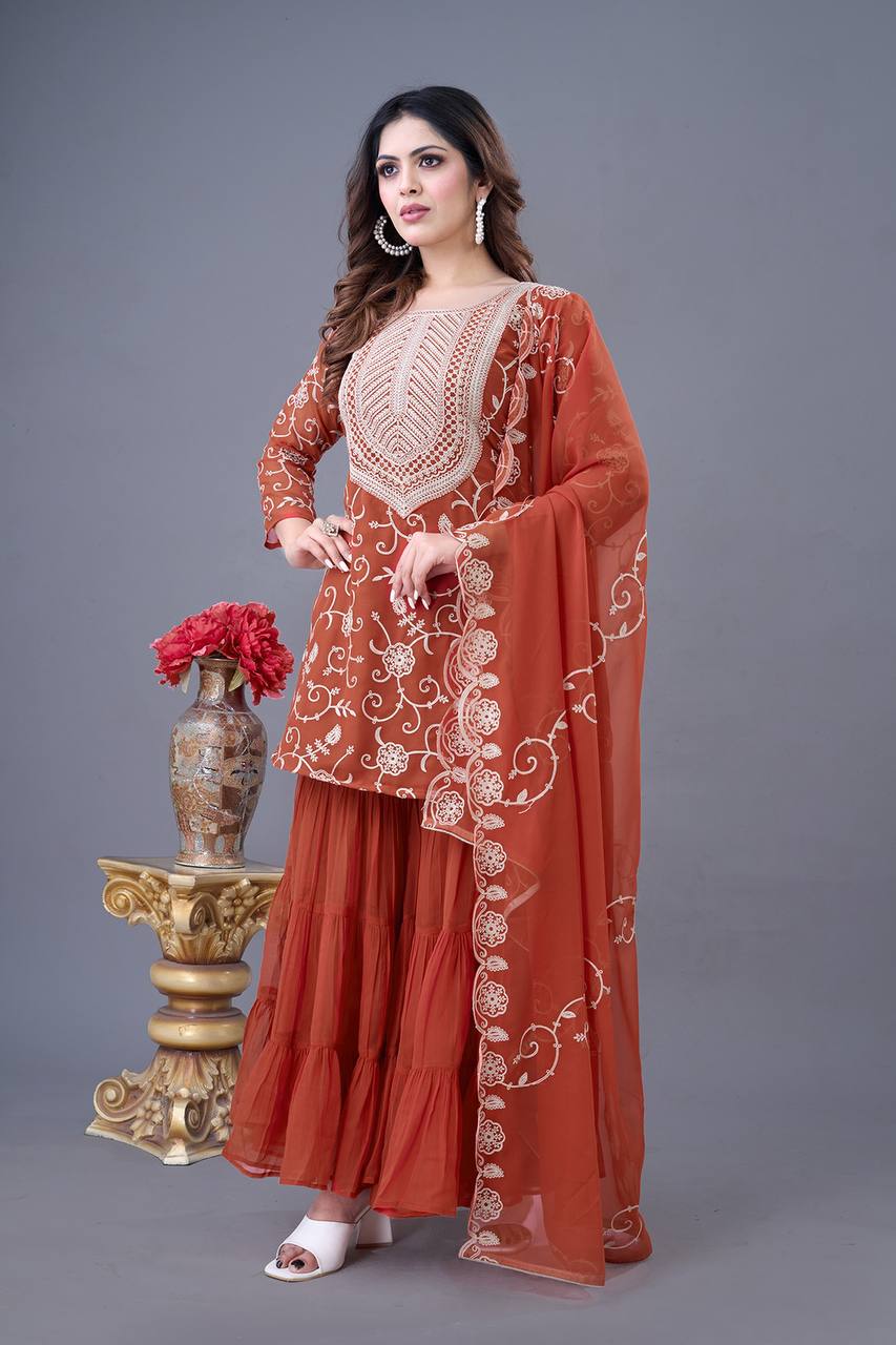 Teeya Creation Fenta Colour Faux Georgette Heavy Embroidery Work Fully Stitched Sharara