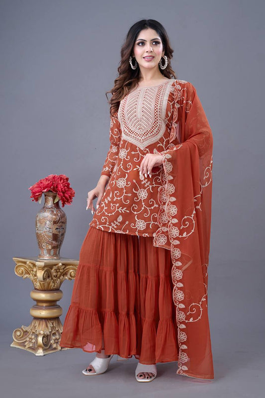 Teeya Creation Fenta Colour Faux Georgette Heavy Embroidery Work Fully Stitched Sharara