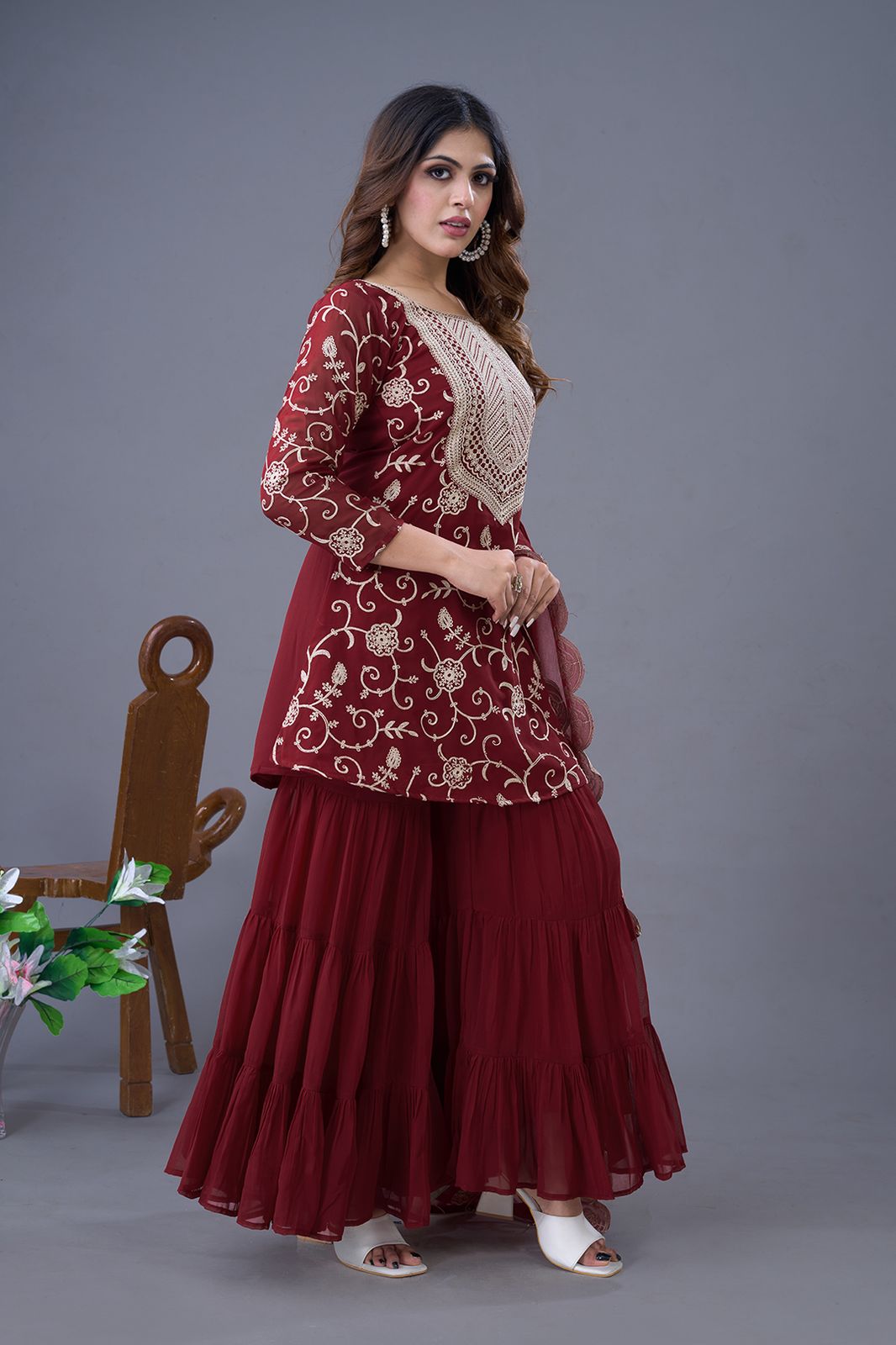 Teeya Creation Maroon Colour Faux Georgette Heavy Embroidery Work Fully Stitched Sharara