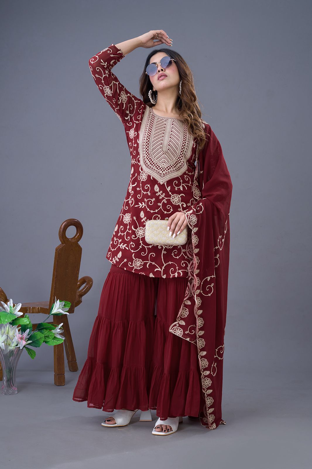 Teeya Creation Maroon Colour Faux Georgette Heavy Embroidery Work Fully Stitched Sharara