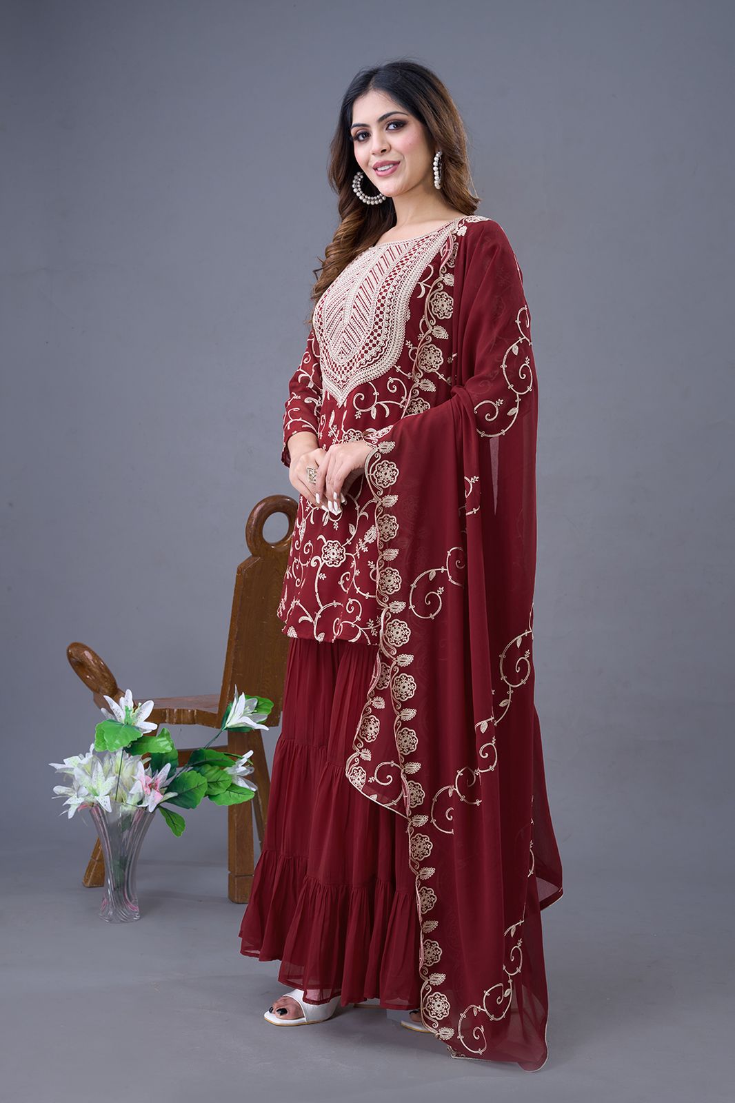 Teeya Creation Maroon Colour Faux Georgette Heavy Embroidery Work Fully Stitched Sharara