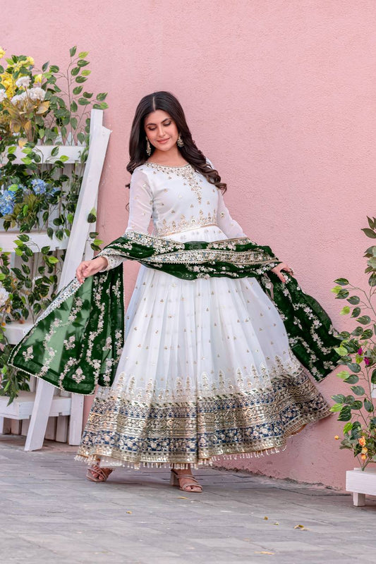 Teeya Creation White Colour Faux Georgette Heavy Embroidery Work Fully Stitched Gown