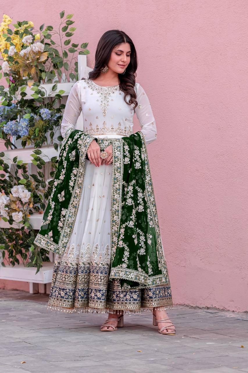 Teeya Creation White Colour Faux Georgette Heavy Embroidery Work Fully Stitched Gown