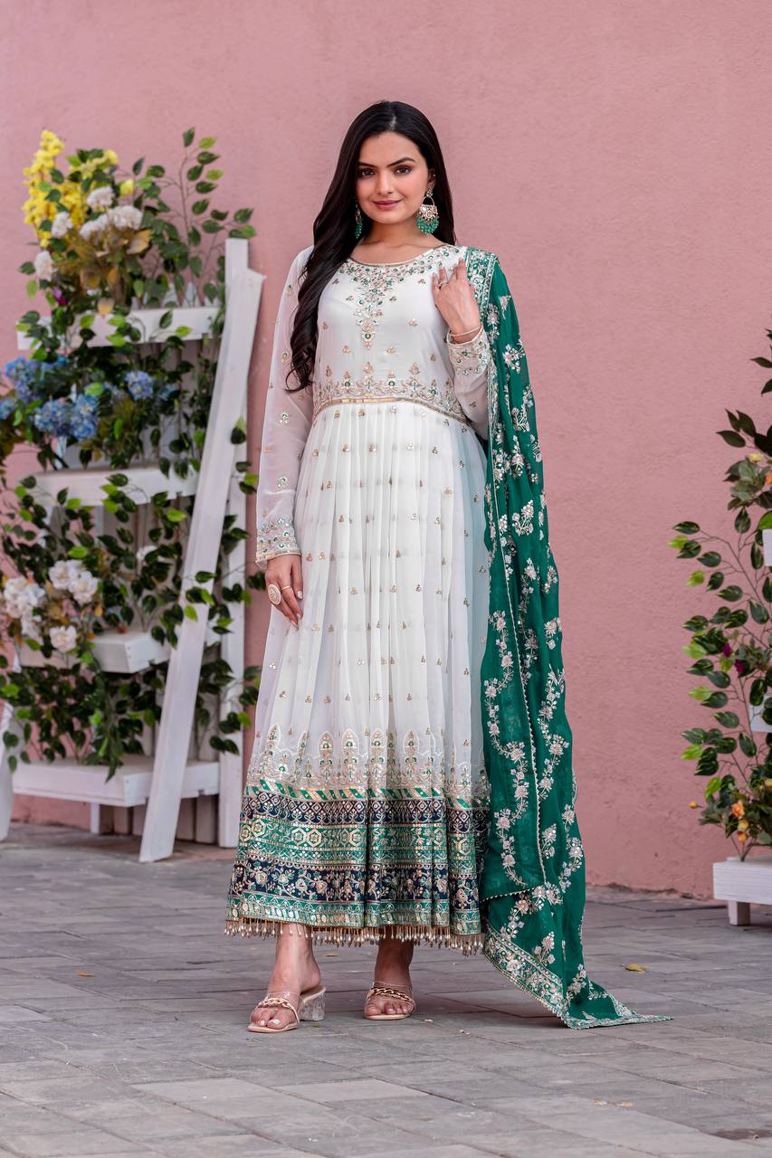 Teeya Creation White Colour Faux Georgette Heavy Embroidery Work Fully Stitched Gown