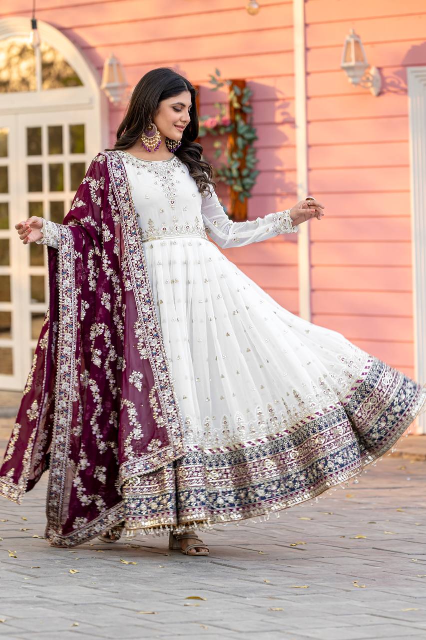 Teeya Creation White Colour Faux Georgette Heavy Embroidery Work Fully Stitched Gown