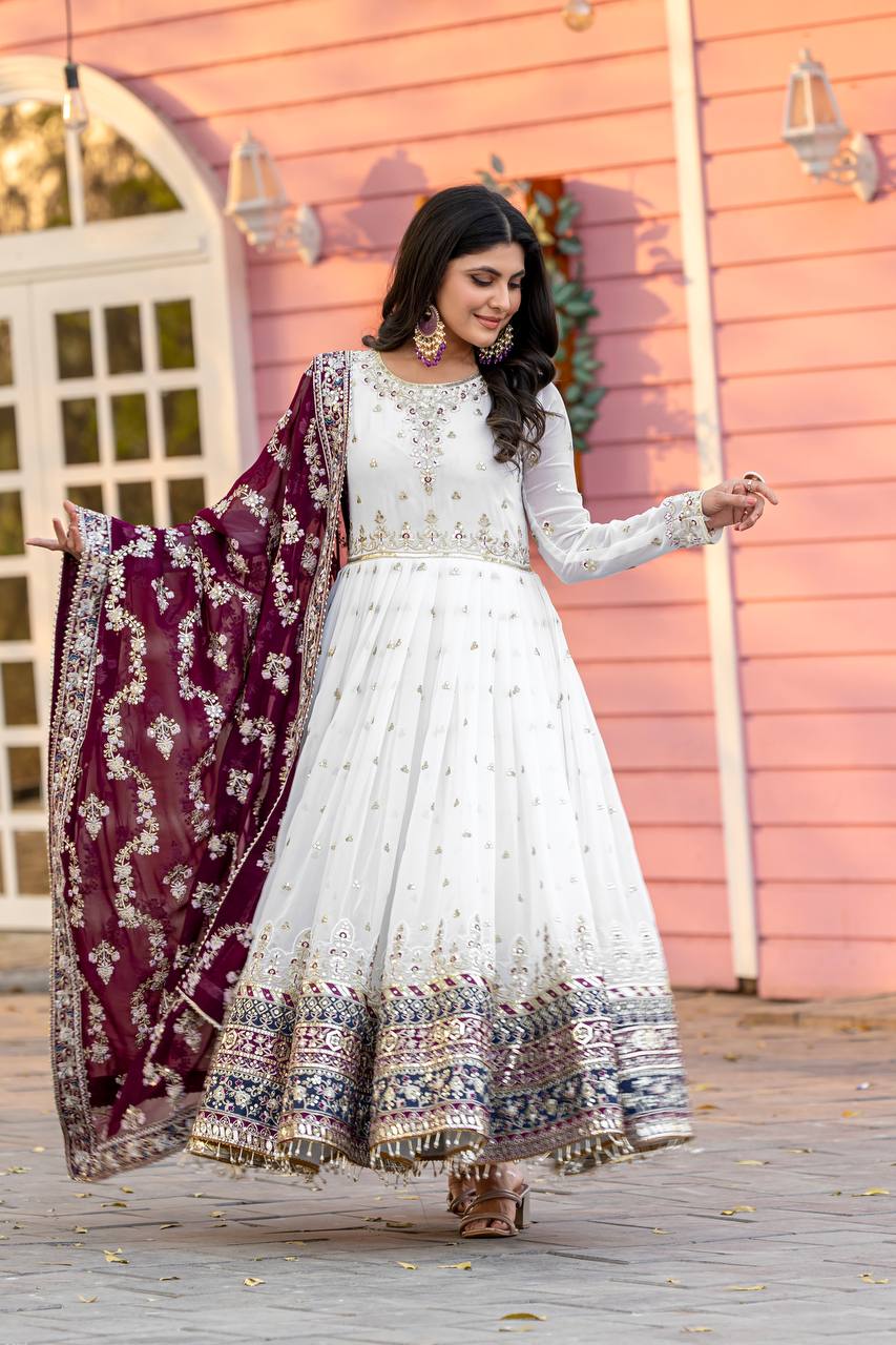 Teeya Creation White Colour Faux Georgette Heavy Embroidery Work Fully Stitched Gown