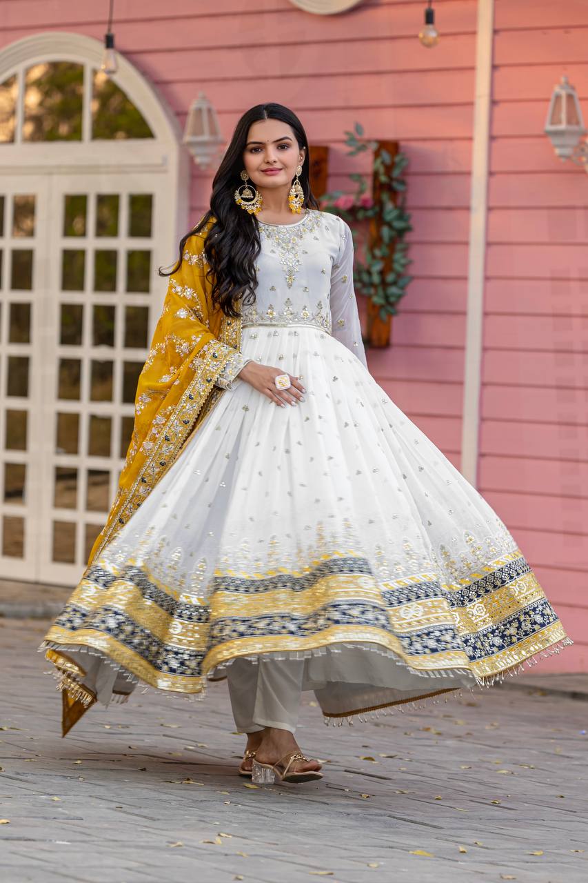 Teeya Creation White Colour Faux Georgette Heavy Embroidery Work Fully Stitched Gown