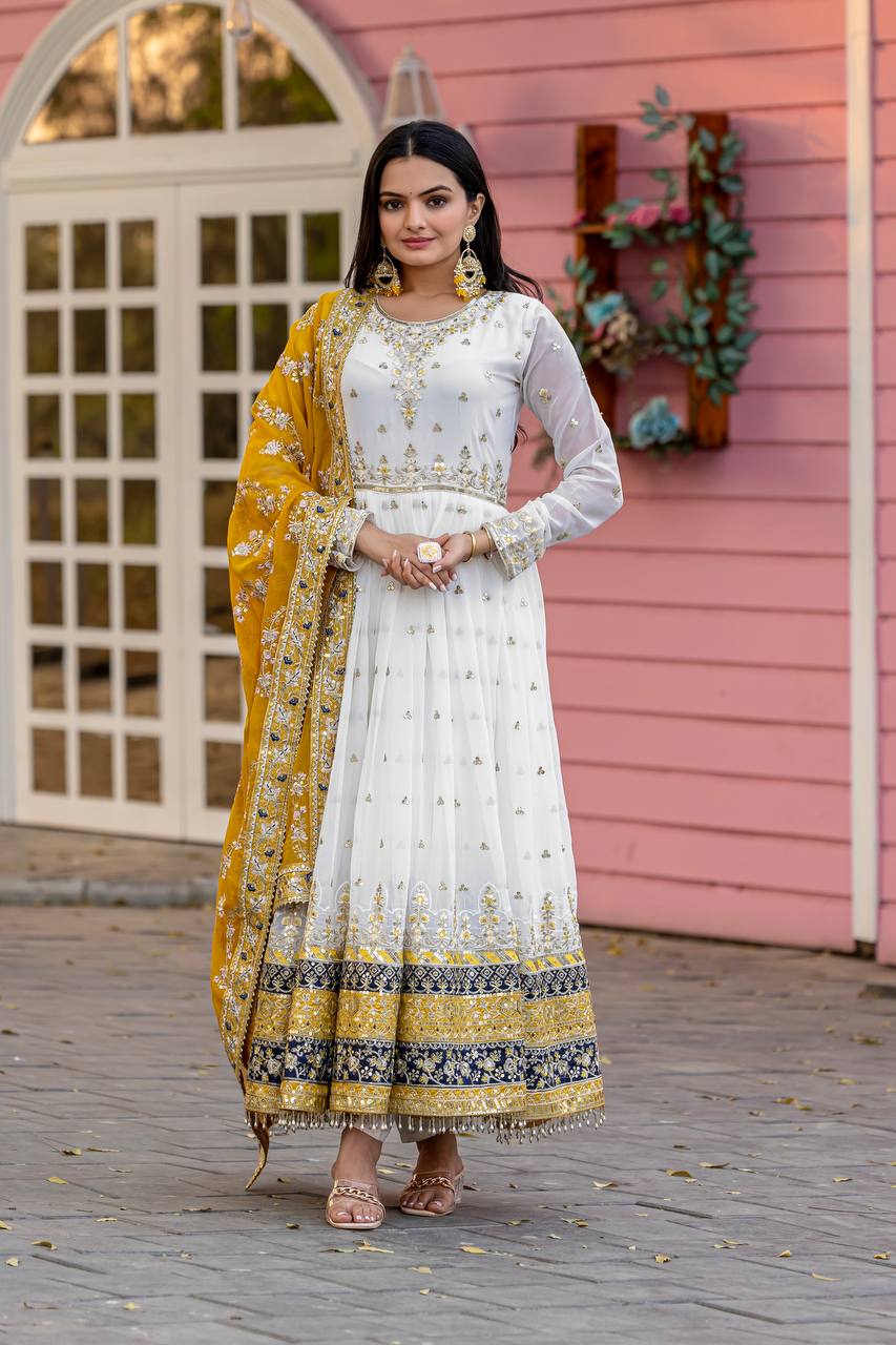 Teeya Creation White Colour Faux Georgette Heavy Embroidery Work Fully Stitched Gown