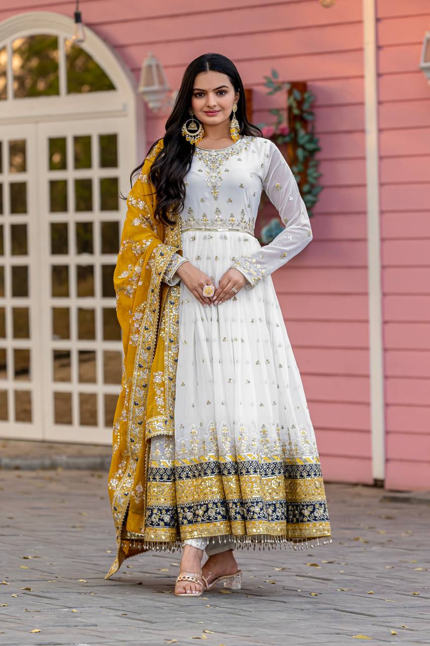 Teeya Creation White Colour Faux Georgette Heavy Embroidery Work Fully Stitched Gown