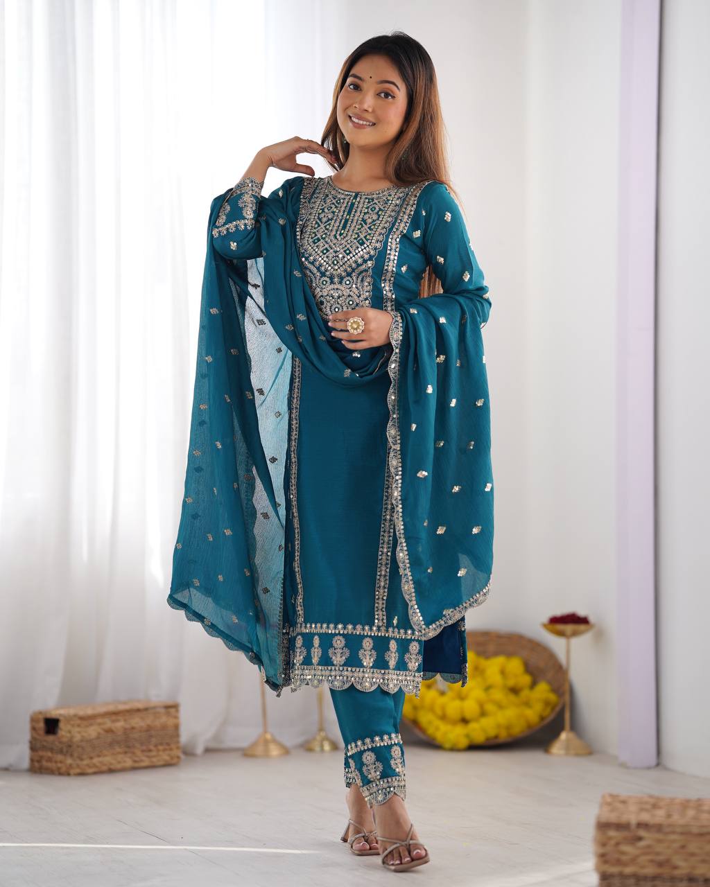 Teeya Creation Teal Colour Chinon Silk Heavy Embroidery Work Fully Stitched Salwar Suit
