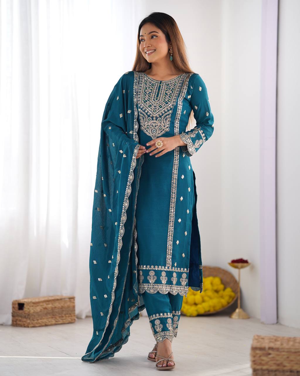 Teeya Creation Teal Colour Chinon Silk Heavy Embroidery Work Fully Stitched Salwar Suit