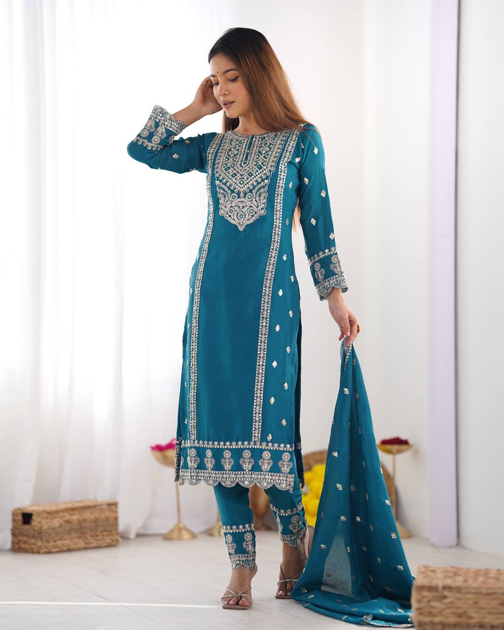 Teeya Creation Teal Colour Chinon Silk Heavy Embroidery Work Fully Stitched Salwar Suit