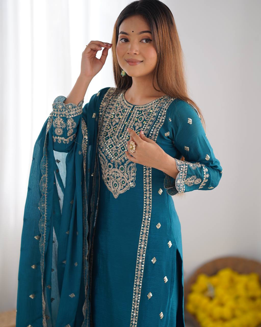 Teeya Creation Teal Colour Chinon Silk Heavy Embroidery Work Fully Stitched Salwar Suit