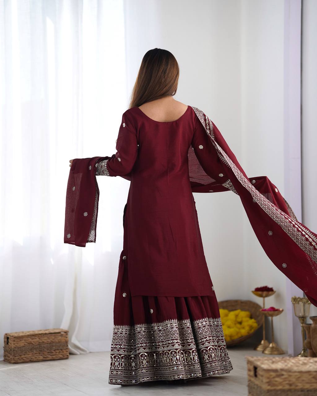 Teeya Creation Maroon Colour Chinon Silk Heavy Embroidery Work Fully Stitched Salwar Suit